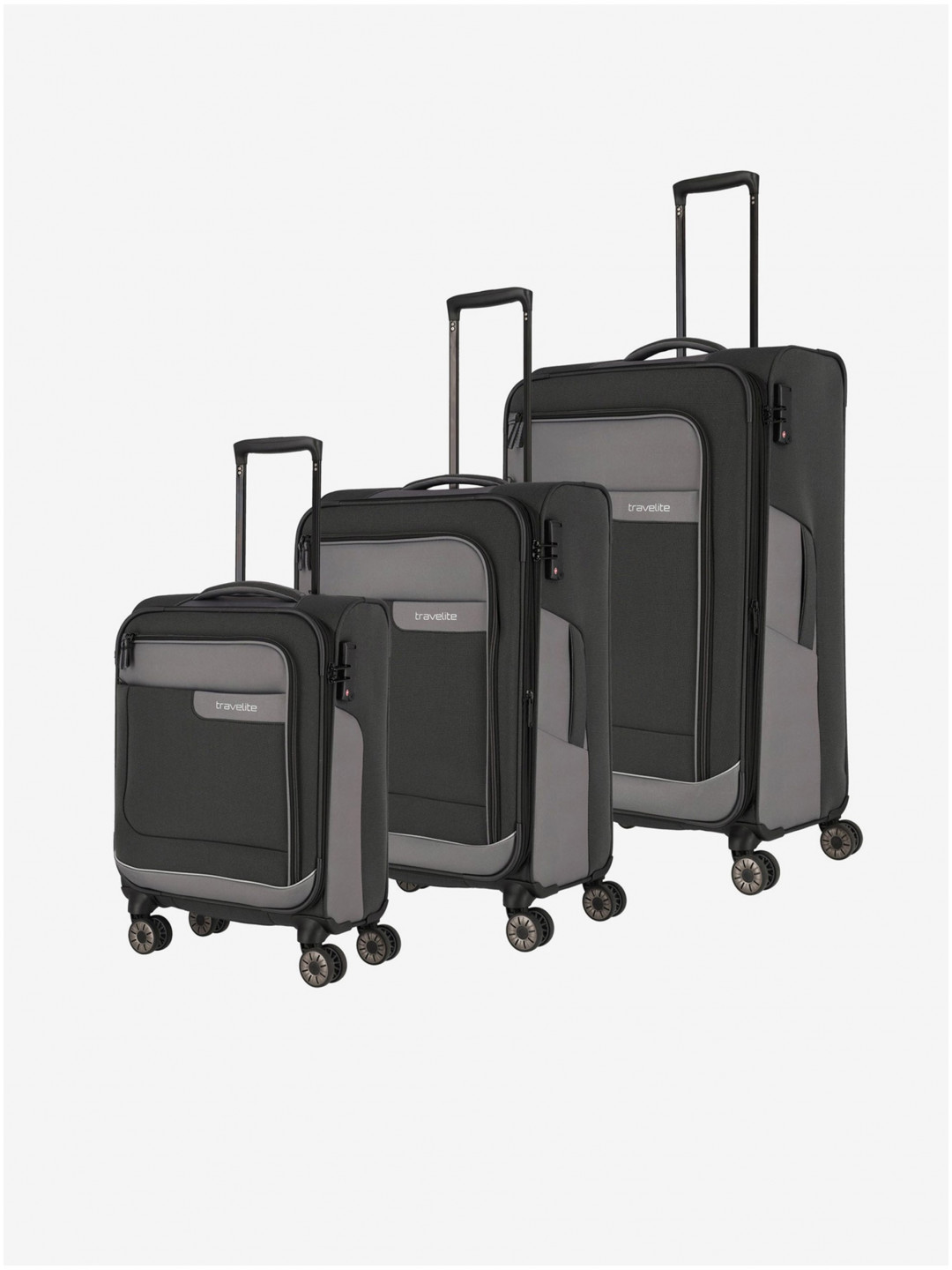 Sada tří tmavě šedých cestovních kufrů a tašky Travelite Viia 4w S M L Duffle Anthracite