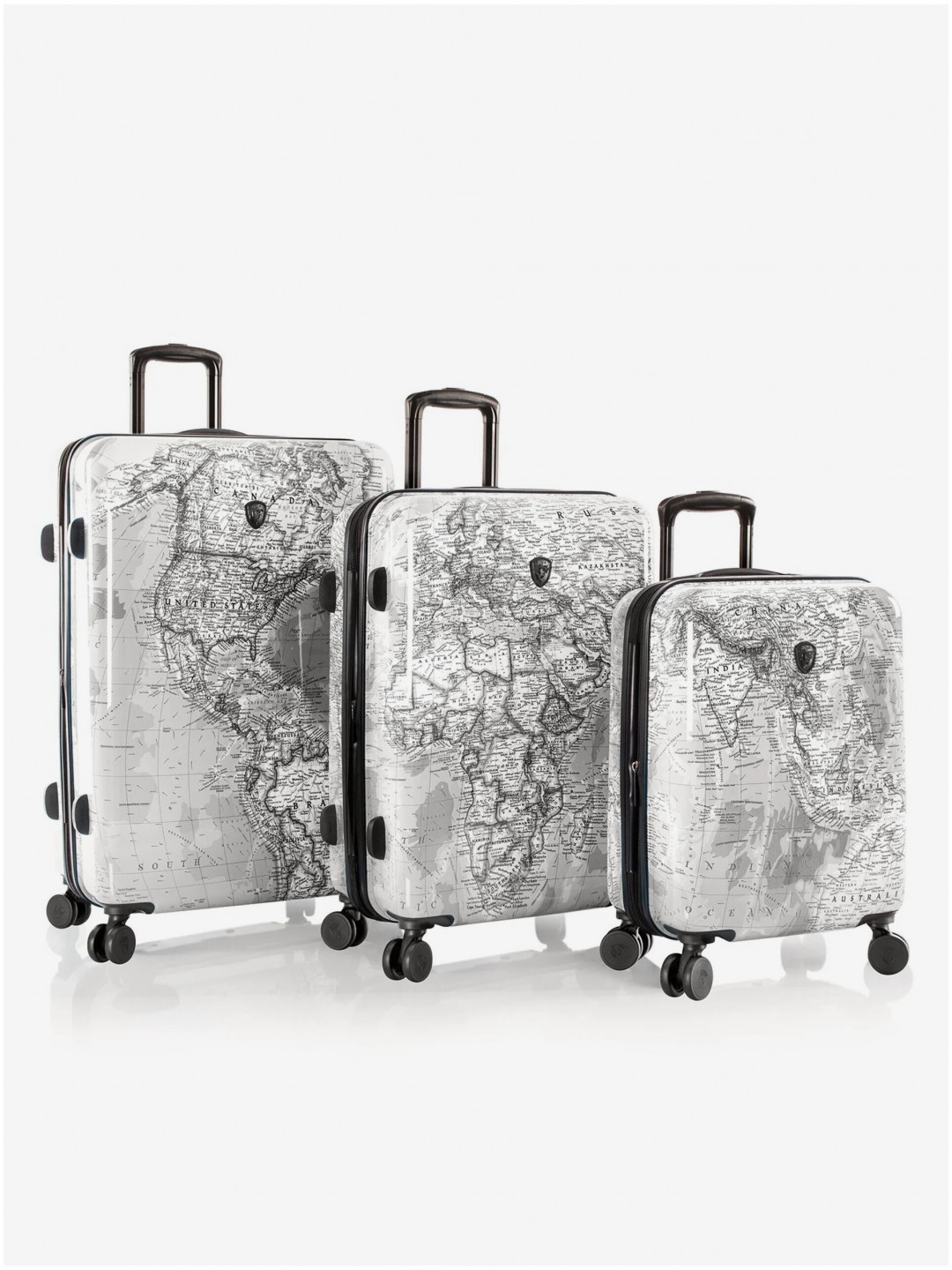 Sada tří vzorovaných cestovních kufrů v bílé barvě Heys Journey 3G S M L Black White Map