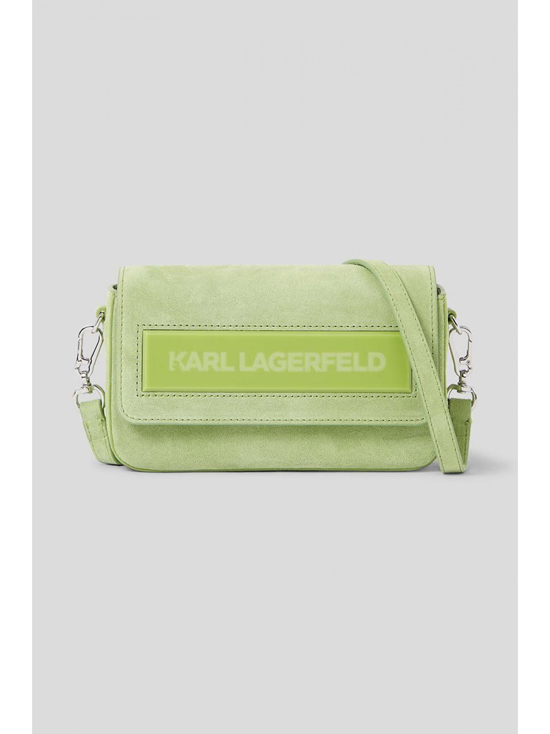 Kožená kabelka Karl Lagerfeld ICON K SM FLAP SHB SUEDE zelená barva