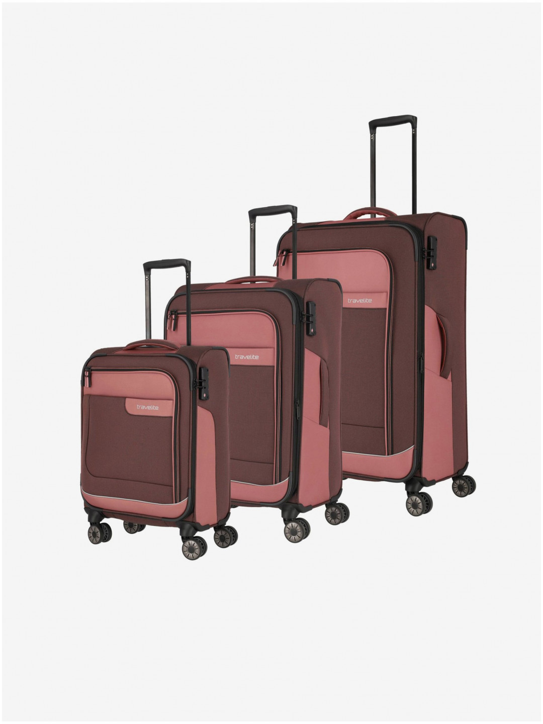 Sada tří cestovních kufrů a cestovní tašky v růžovo-hnědé barvě Travelite Viia 4w S M L Duffle