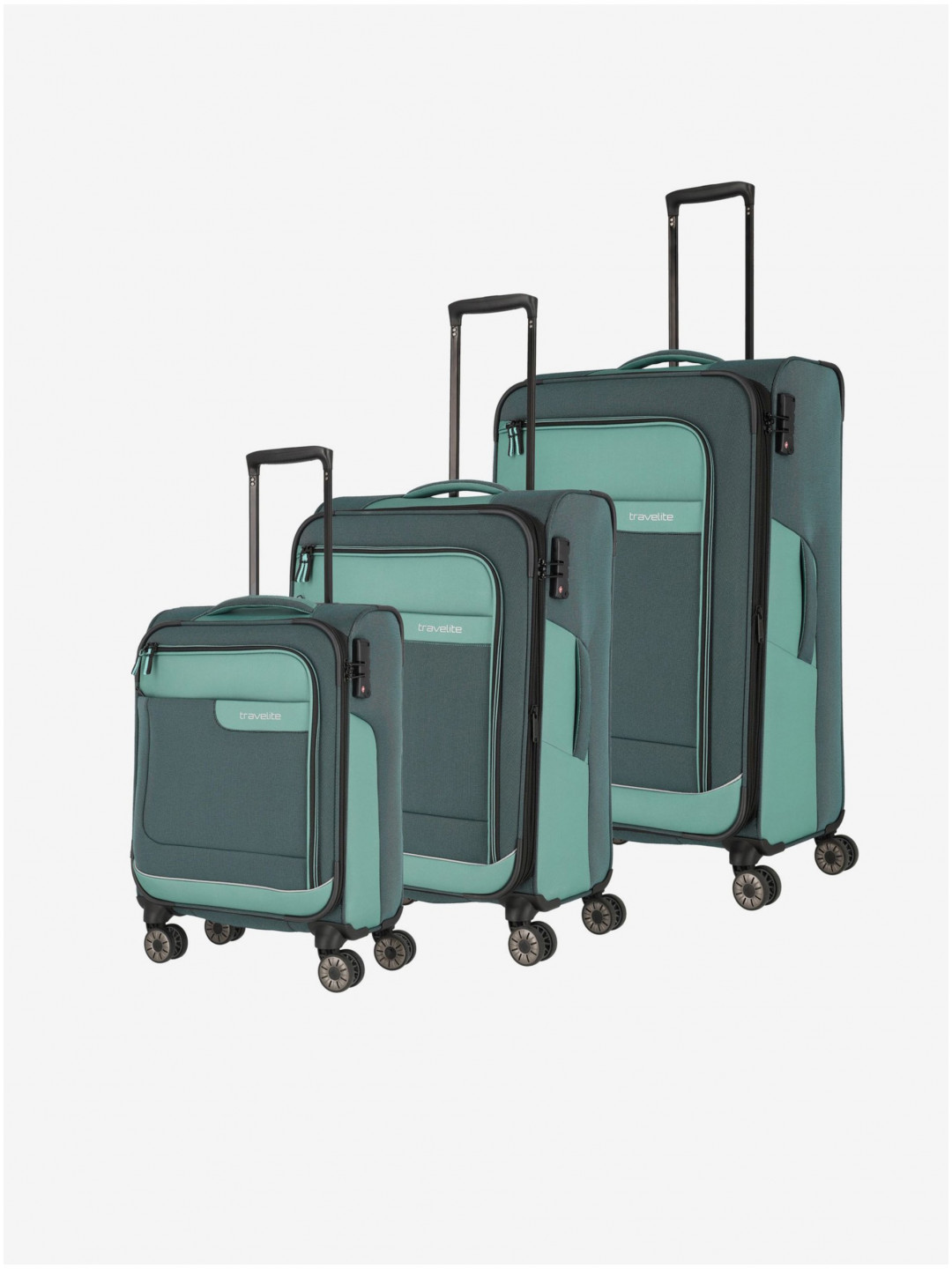Sada tří cestovních kufrů a cestovní tašky v zelené barvě Travelite Viia 4w S M L Duffle