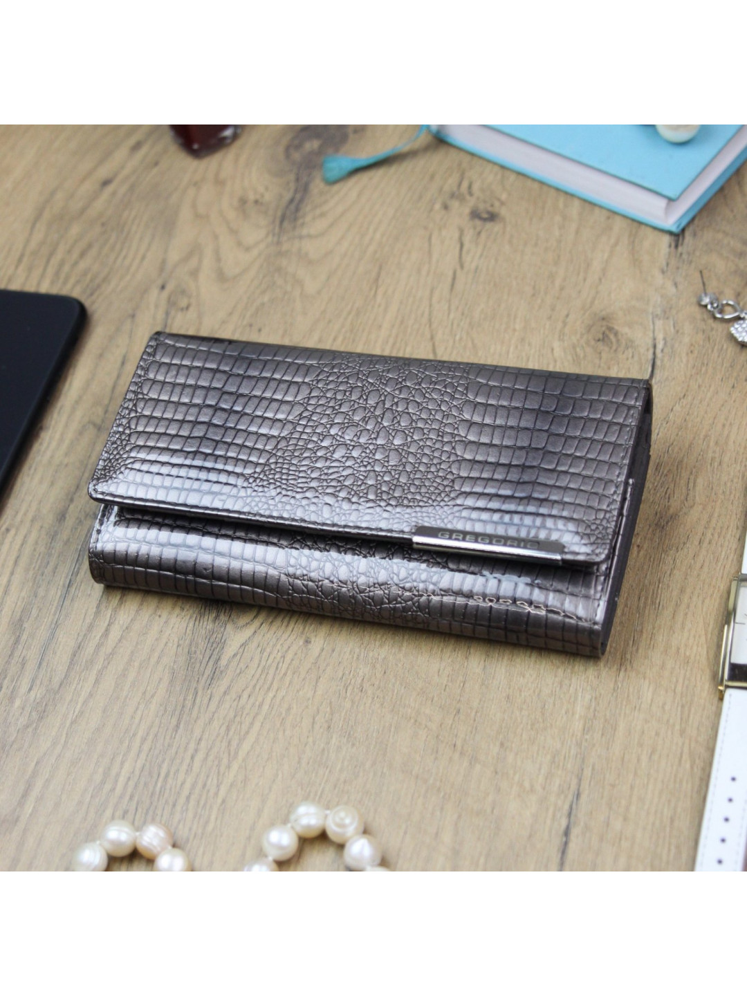 Luxusní velká dámská kožená peněženka Fredy šedá
