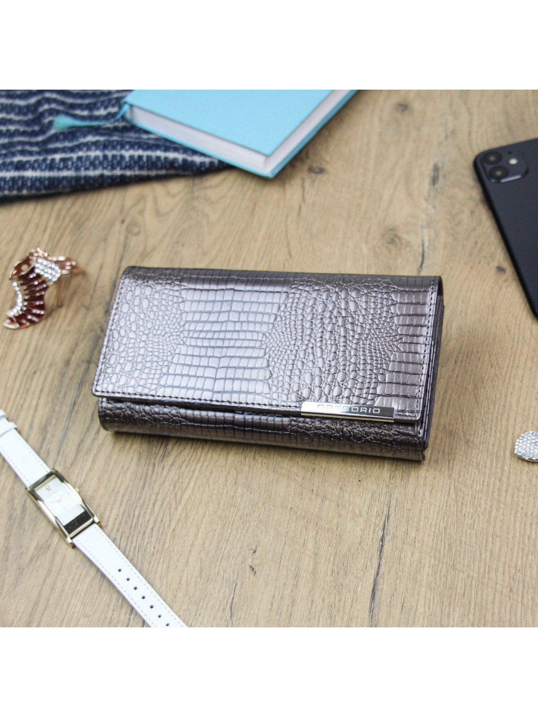 Elegantní velká dámská kožená peněženka Runo šedá